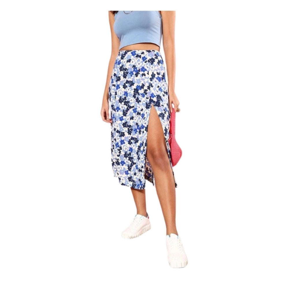 Seduva Women's Polyester Floral Side Zip Skirt (Blue - White)