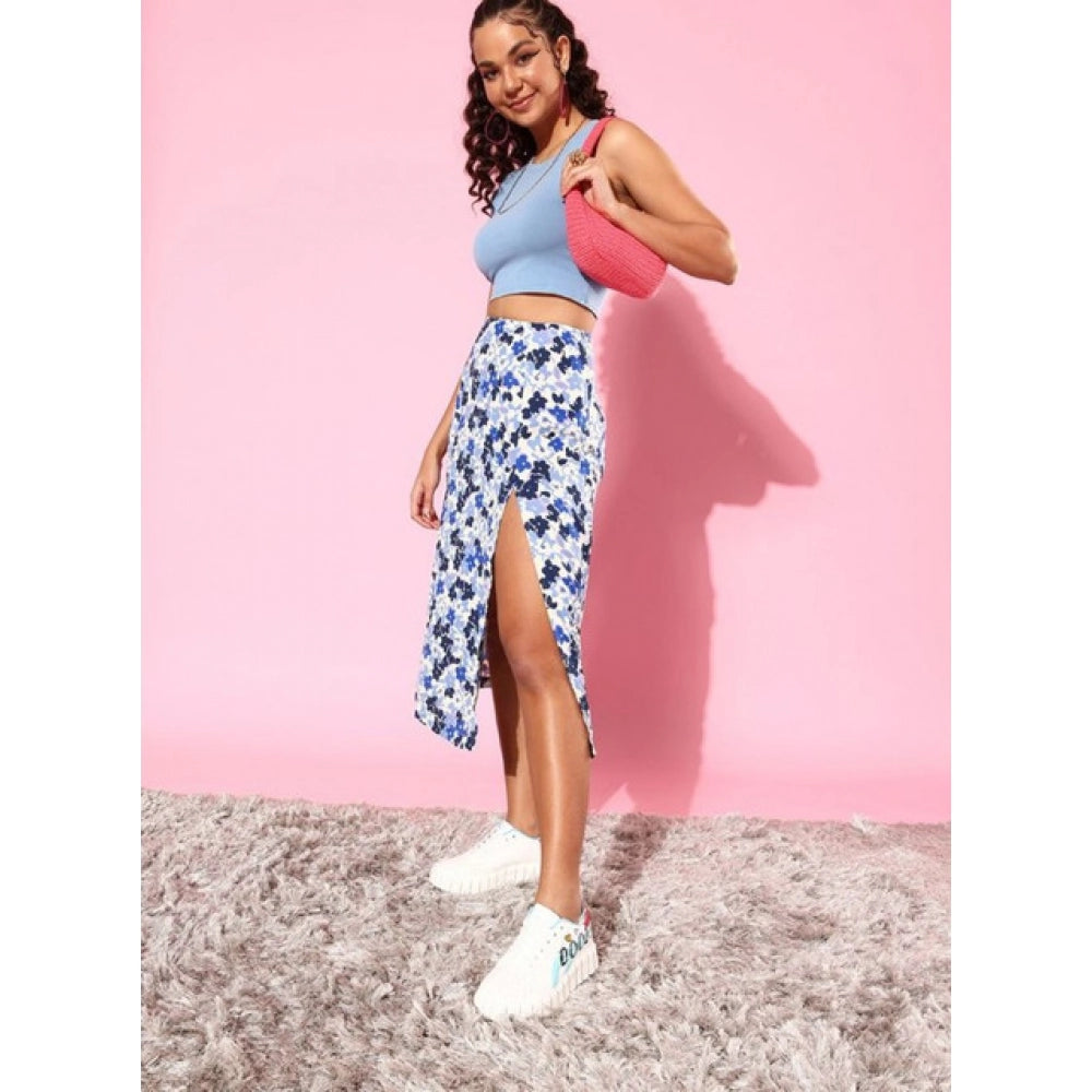 Seduva Women's Polyester Floral Side Zip Skirt (Blue - White)