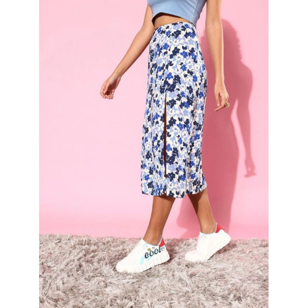 Seduva Women's Polyester Floral Side Zip Skirt (Blue - White)