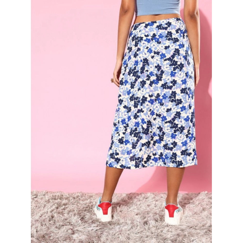 Seduva Women's Polyester Floral Side Zip Skirt (Blue - White)