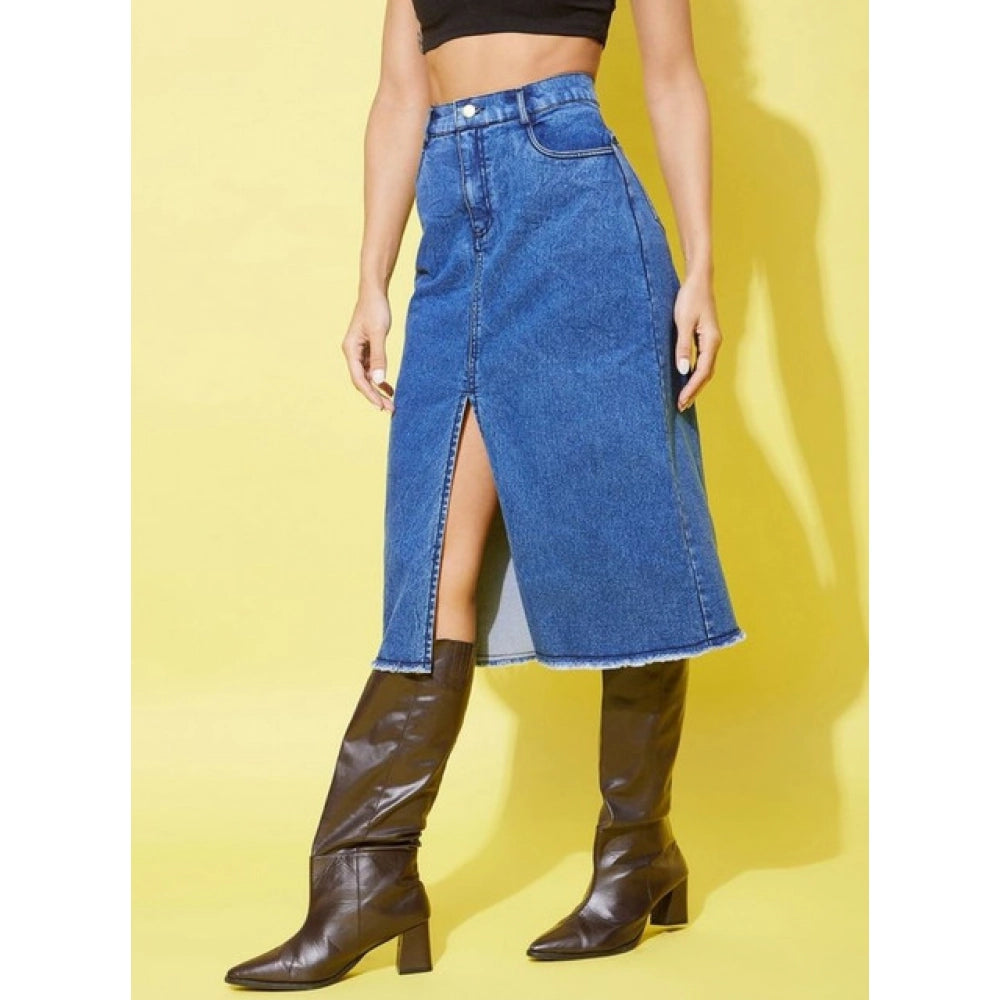Seduva Women's Denim Solid Buttoned Skirt (Blue)