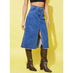 Seduva Women's Denim Solid Buttoned Skirt (Blue)