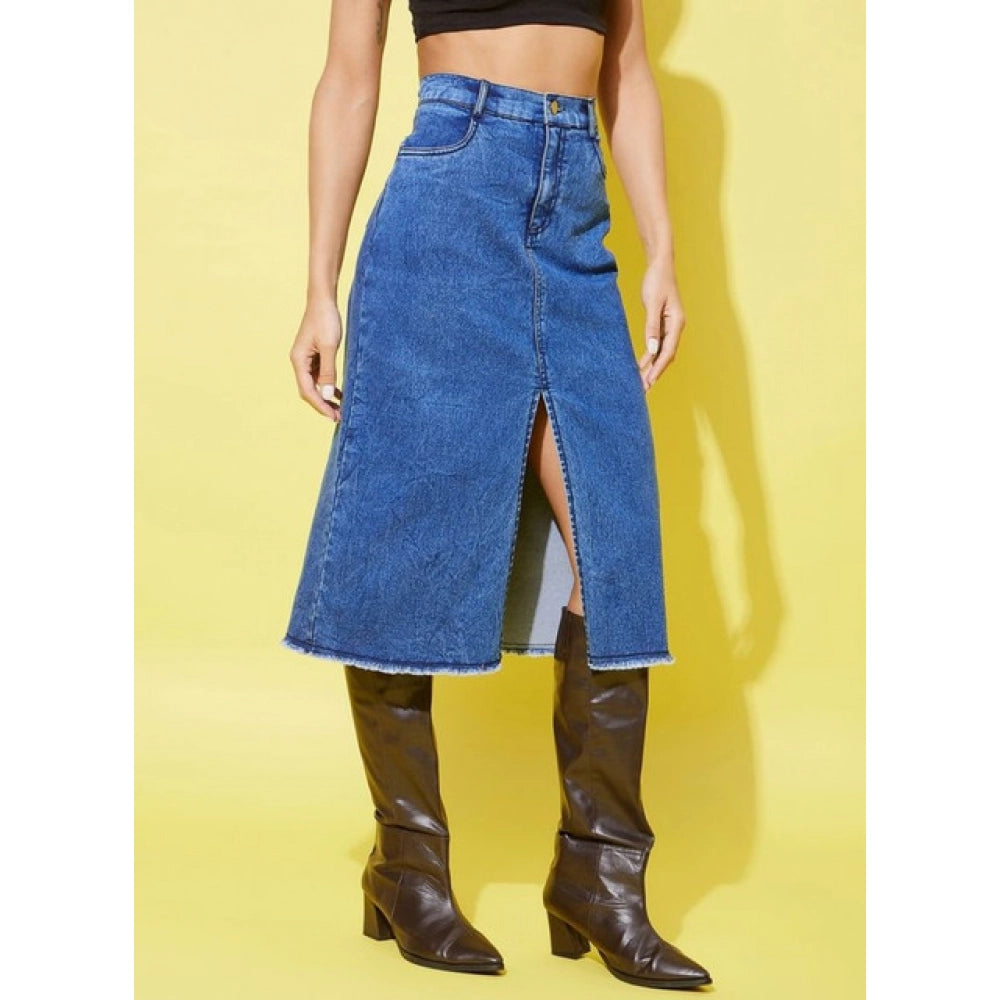 Seduva Women's Denim Solid Buttoned Skirt (Blue)