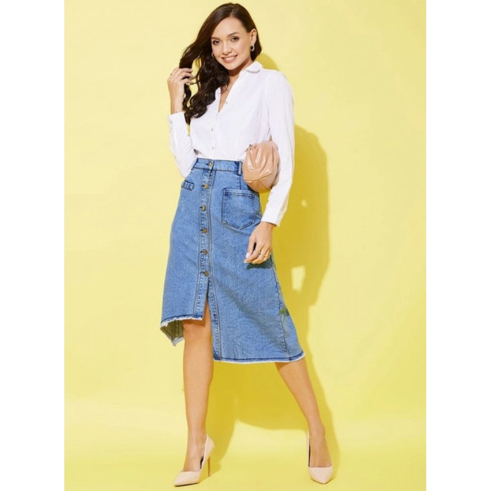 Seduva Women's Denim Hi Lo Buttoned Skirt (Blue)