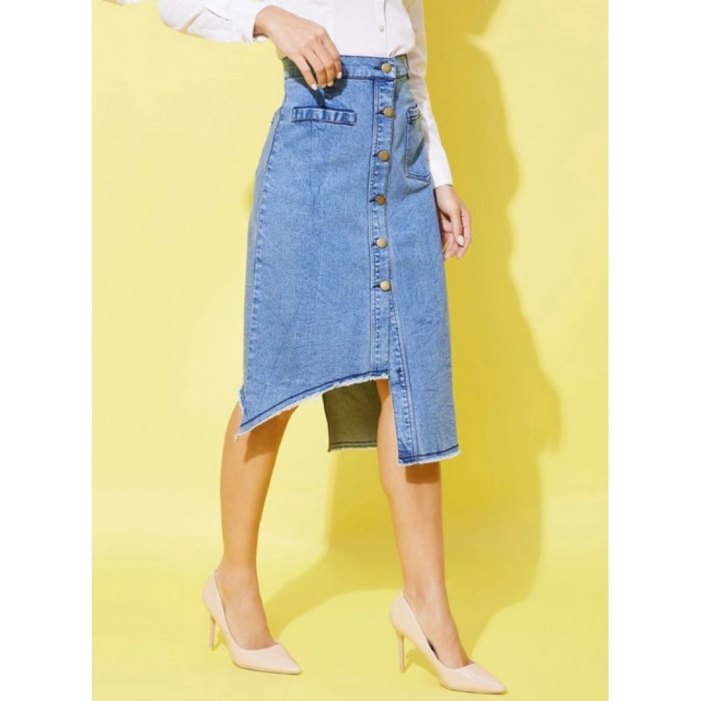 Seduva Women's Denim Hi Lo Buttoned Skirt (Blue)