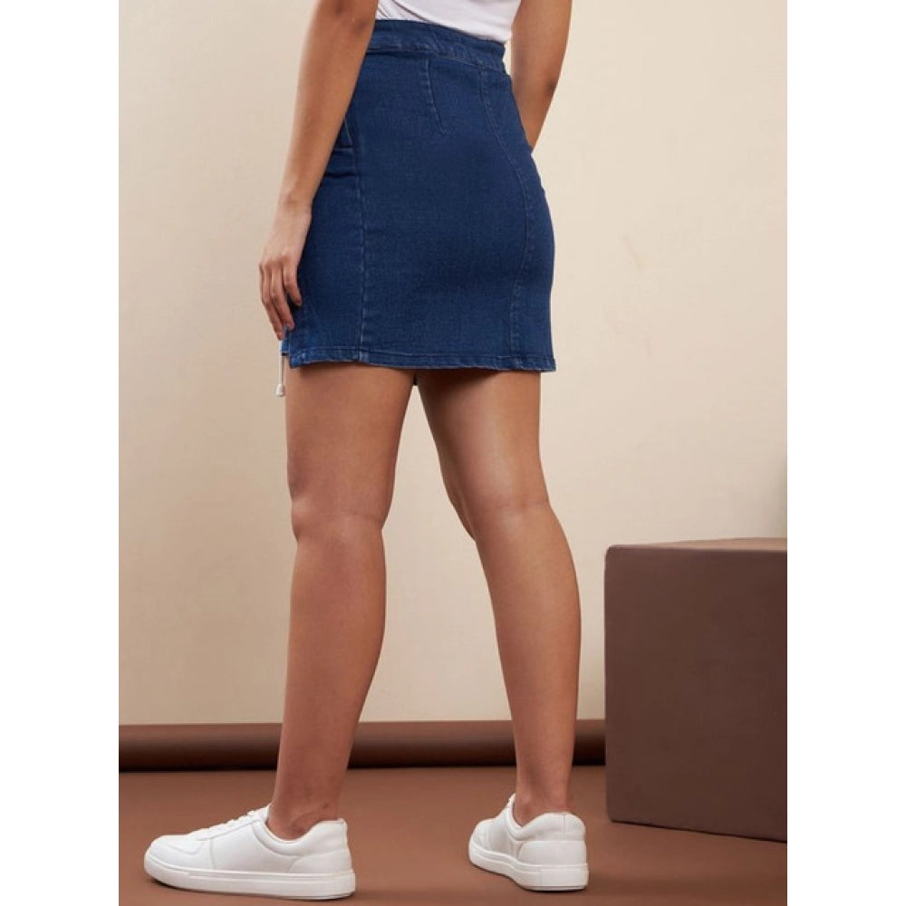 Seduva Women's Denim Lycra Solid Button Skirt (Blue)