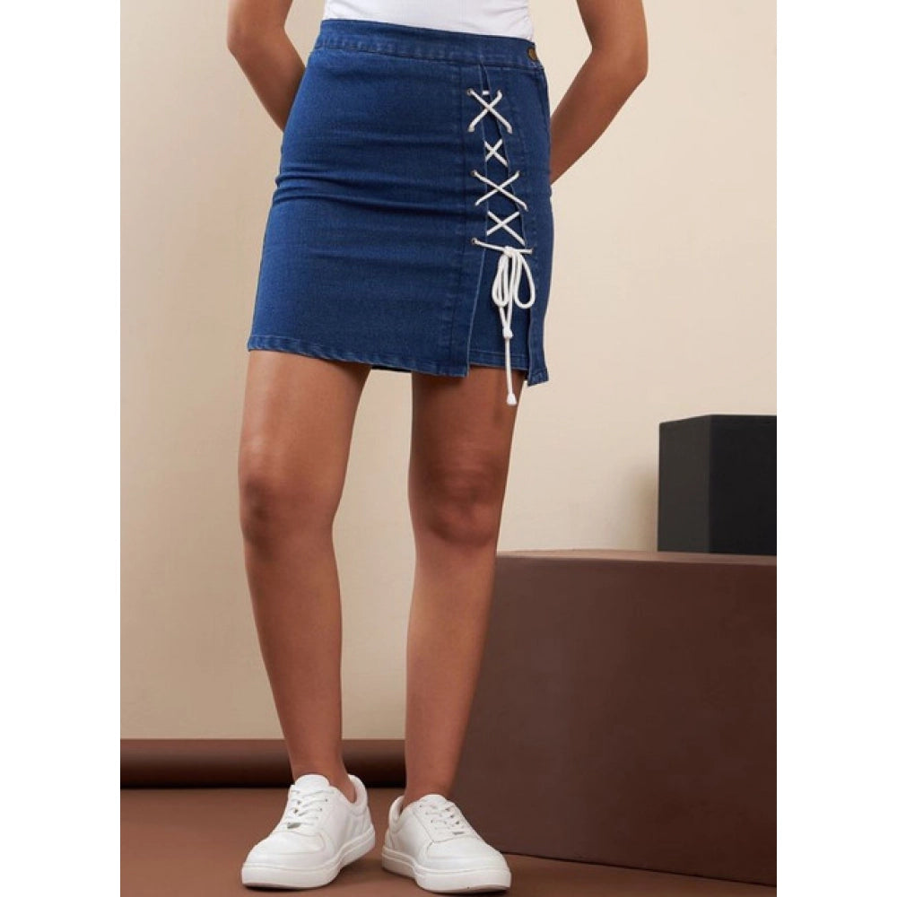 Seduva Women's Denim Lycra Solid Button Skirt (Blue)