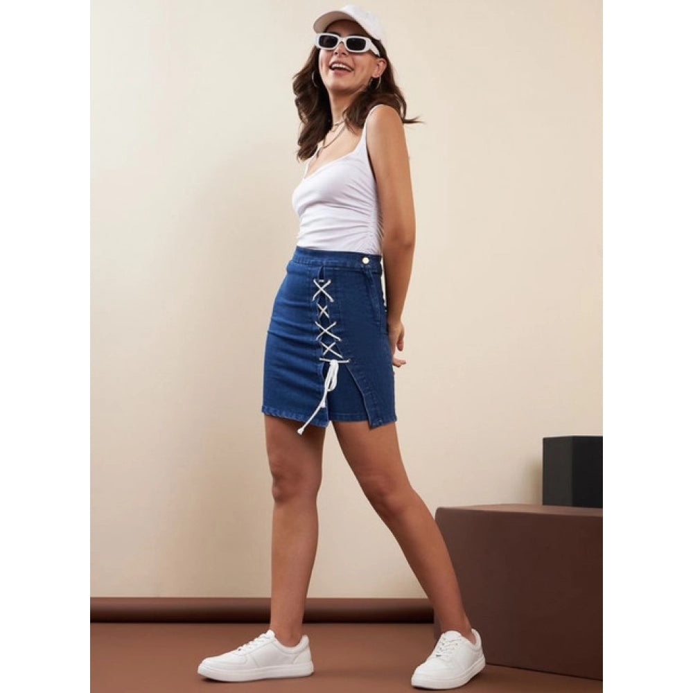 Seduva Women's Denim Lycra Solid Button Skirt (Blue)