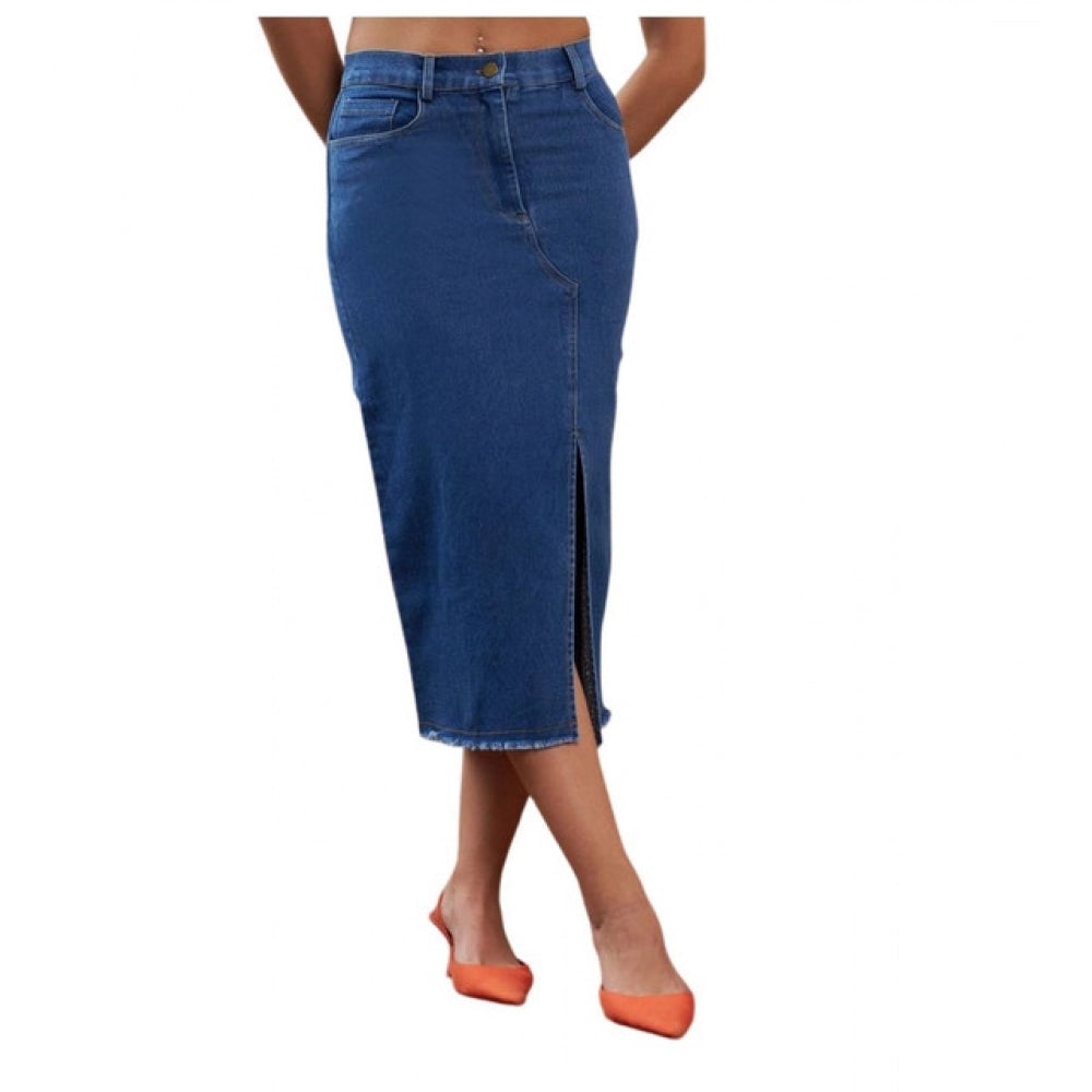 Seduva Women's Denim Lycra Solid Button Skirt (Blue)
