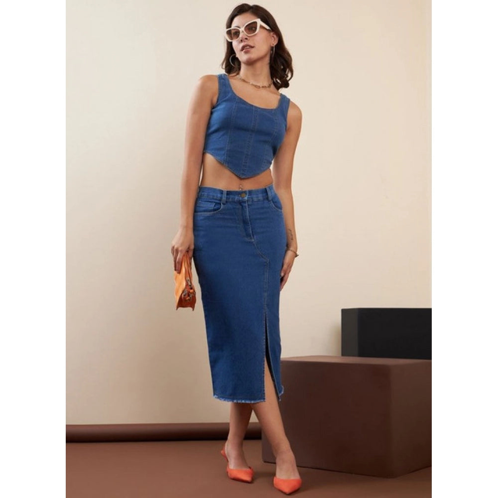 Seduva Women's Denim Lycra Solid Button Skirt (Blue)