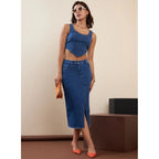 Seduva Women's Denim Lycra Solid Button Skirt (Blue)
