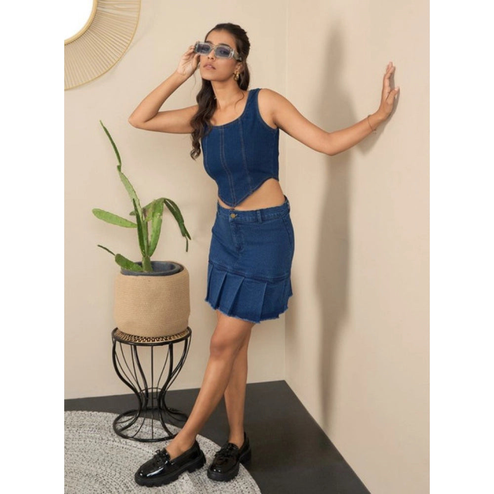 Seduva Women's Denim Washed Buttoned Skirt (Blue)
