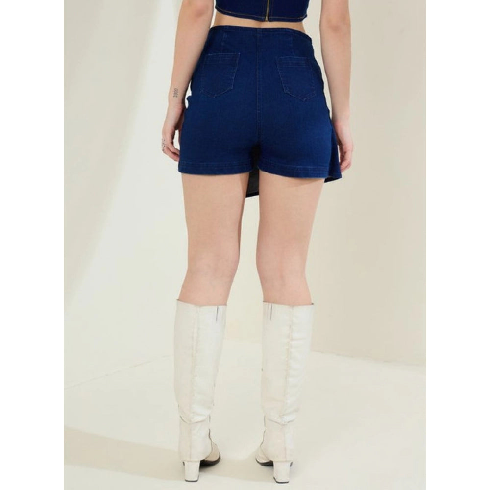 Seduva Women's Denim Lycra Solid Zip Closure Skorts (Navy)