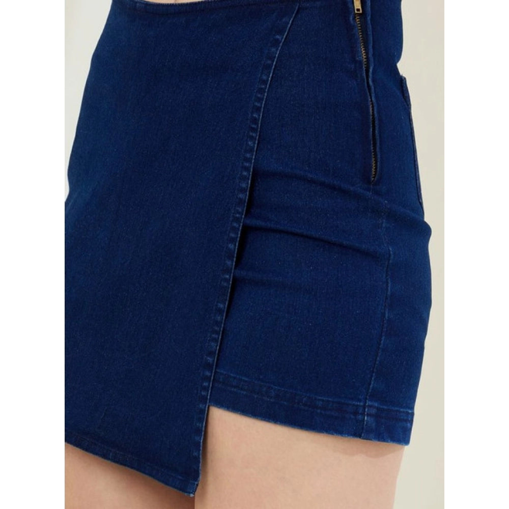 Seduva Women's Denim Lycra Solid Zip Closure Skorts (Navy)