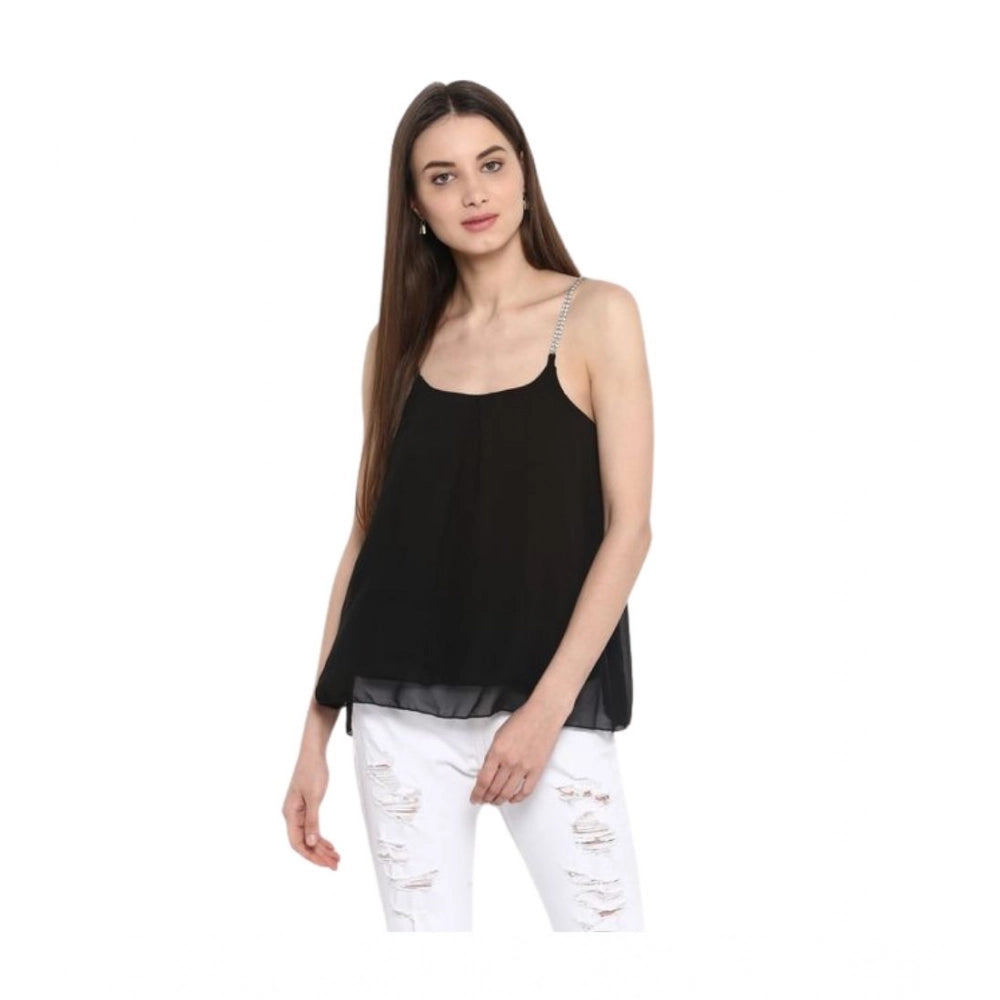 Seduva Women's Polyester Embellished Shoulder Straps Top (Black)
