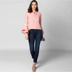 Seduva Women's Polyester Solid Bell Sleeve Top (Pink)