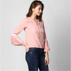 Seduva Women's Polyester Solid Bell Sleeve Top (Pink)