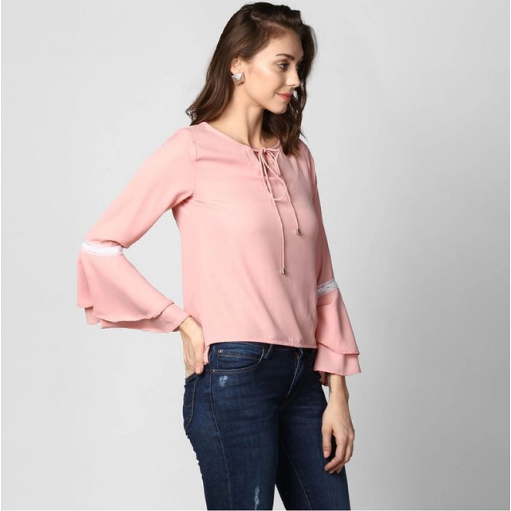 Seduva Women's Polyester Solid Bell Sleeve Top (Pink)