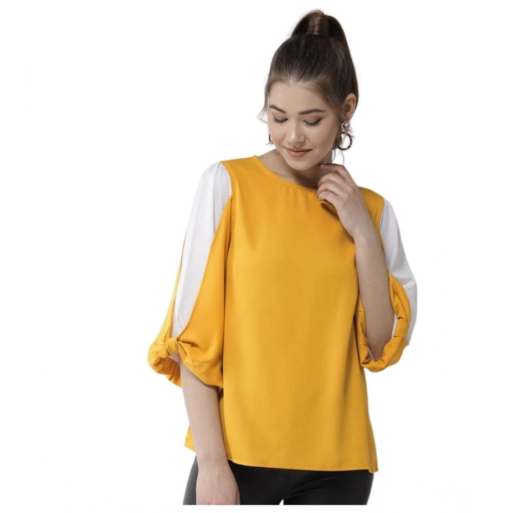 Seduva Women's Polyester Colour Block Slit Sleeve Top (Yellow-White)