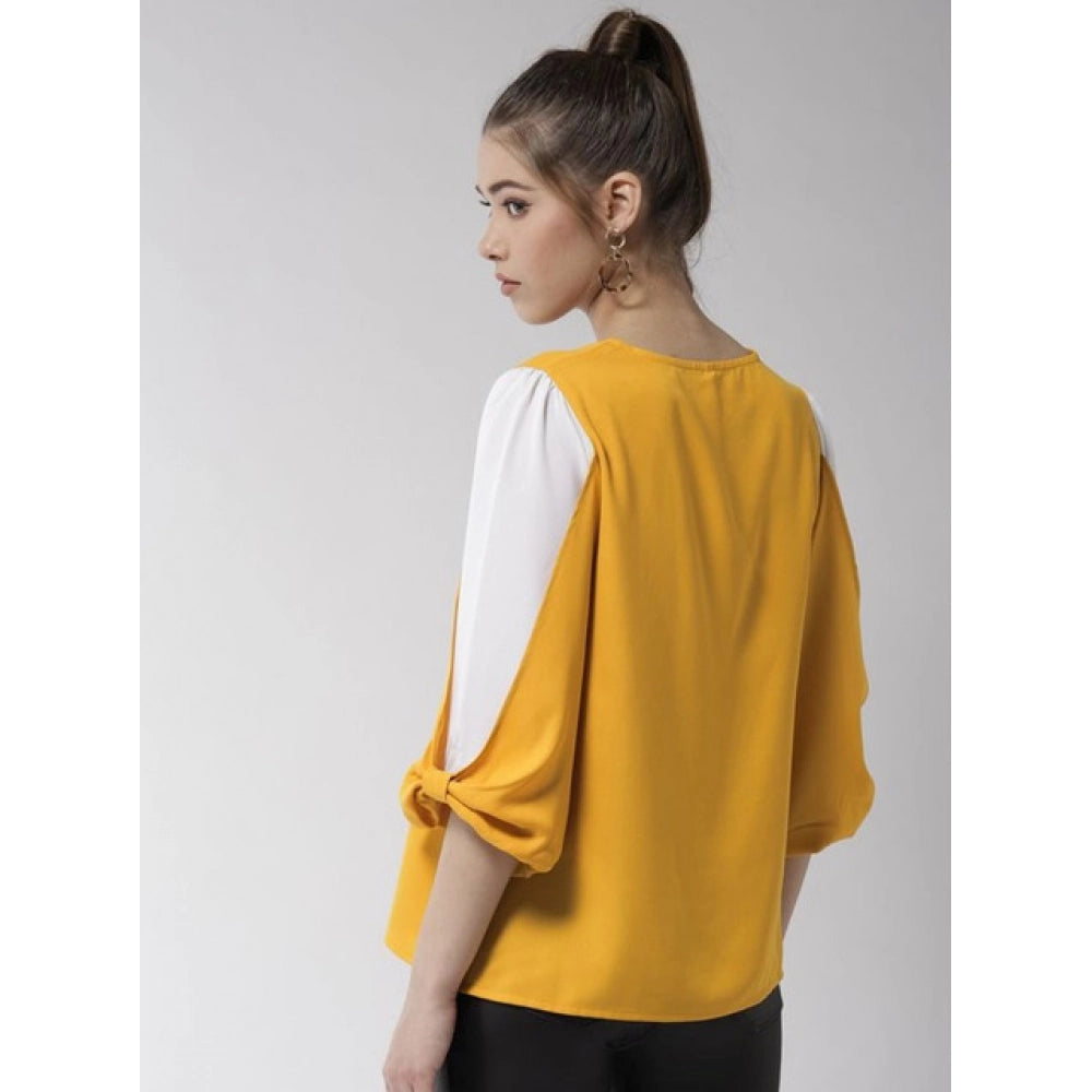 Seduva Women's Polyester Colour Block Slit Sleeve Top (Yellow-White)