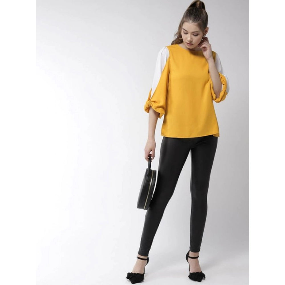 Seduva Women's Polyester Colour Block Slit Sleeve Top (Yellow-White)