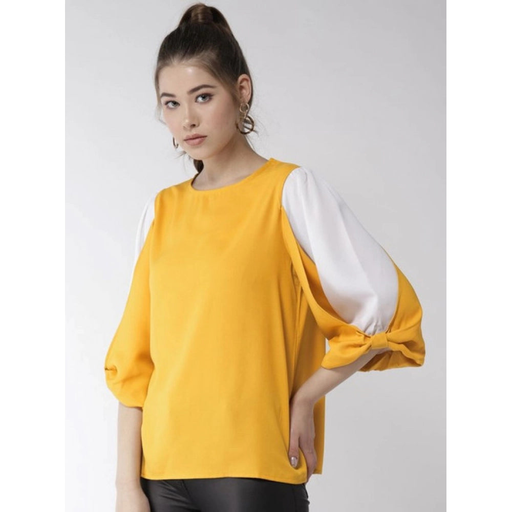 Seduva Women's Polyester Colour Block Slit Sleeve Top (Yellow-White)