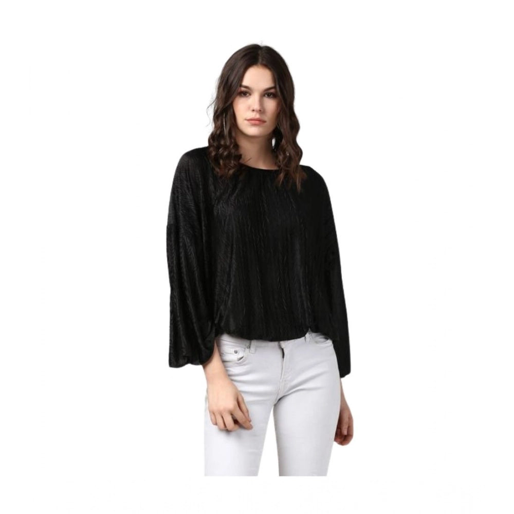 Seduva Women's Polyester Pleated Balloon Sleeve Top (Black)