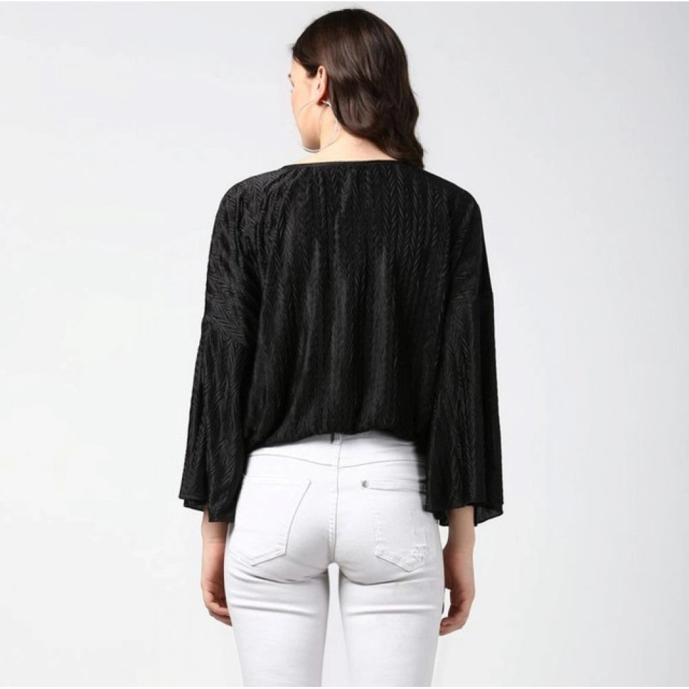 Seduva Women's Polyester Pleated Balloon Sleeve Top (Black)