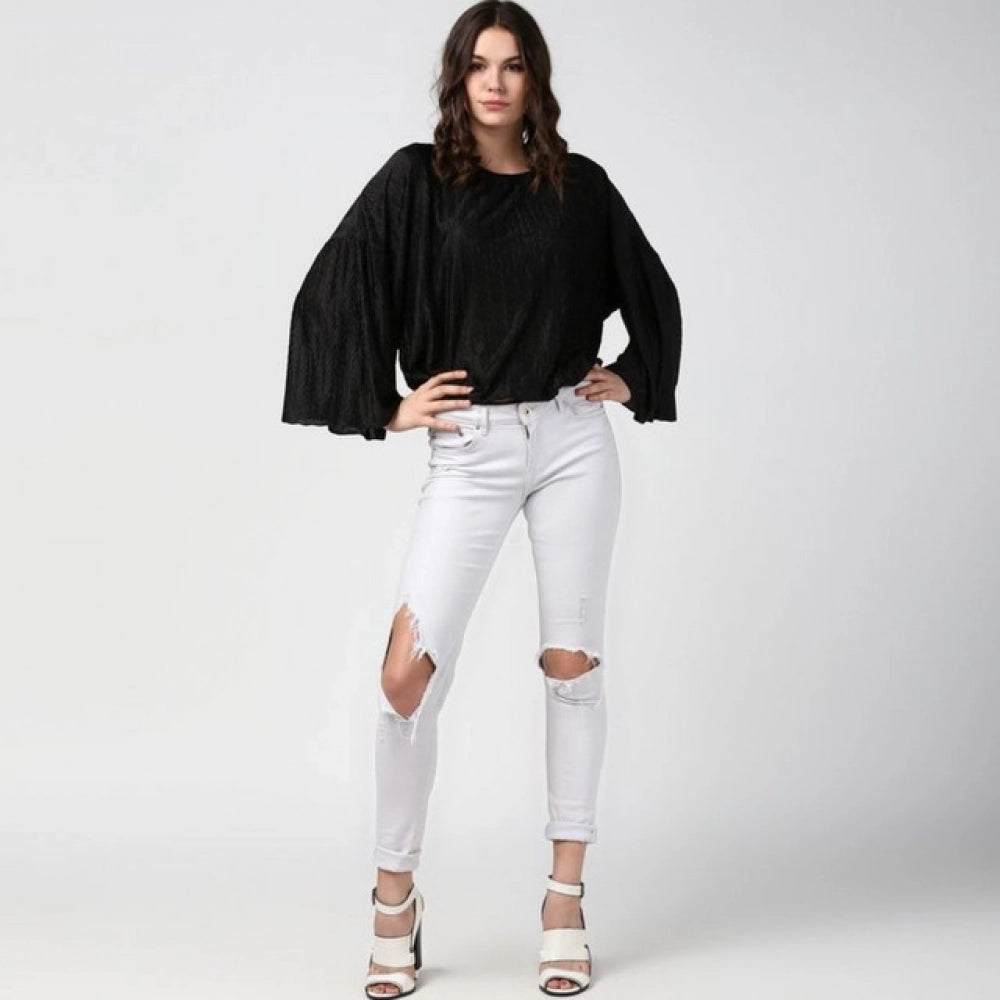 Seduva Women's Polyester Pleated Balloon Sleeve Top (Black)