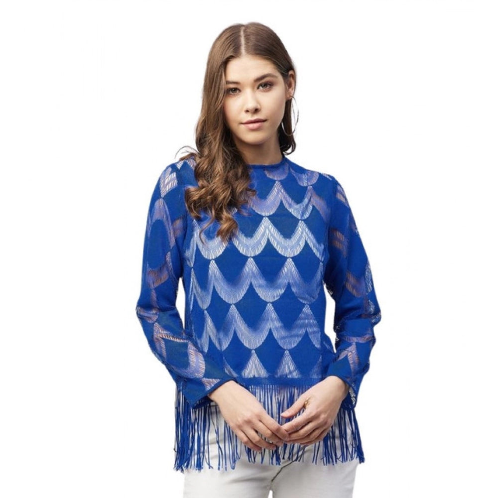 Seduva Women's Lace Self Design Long Sleeves Top (Blue)