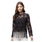 Seduva Women's Lace Self Design Short Sleeve Top (Black)