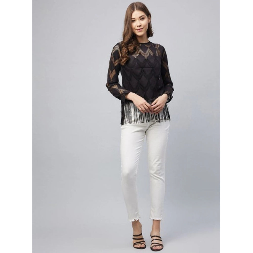 Seduva Women's Lace Self Design Short Sleeve Top (Black)