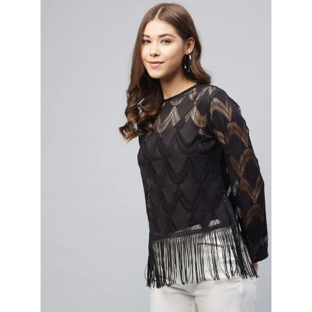 Seduva Women's Lace Self Design Short Sleeve Top (Black)