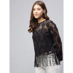 Seduva Women's Lace Self Design Short Sleeve Top (Black)