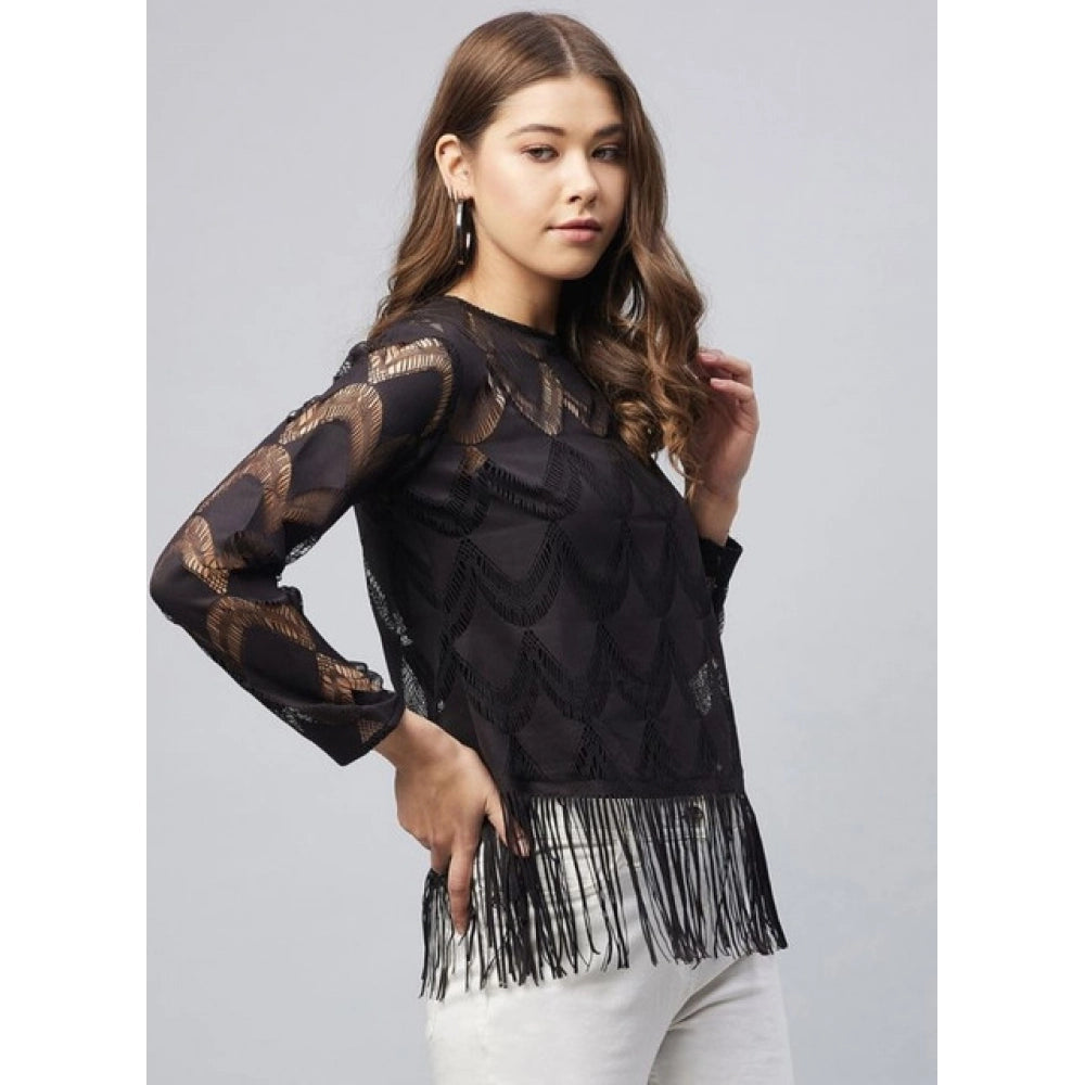 Seduva Women's Lace Self Design Short Sleeve Top (Black)