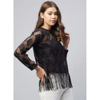 Seduva Women's Lace Self Design Short Sleeve Top (Black)