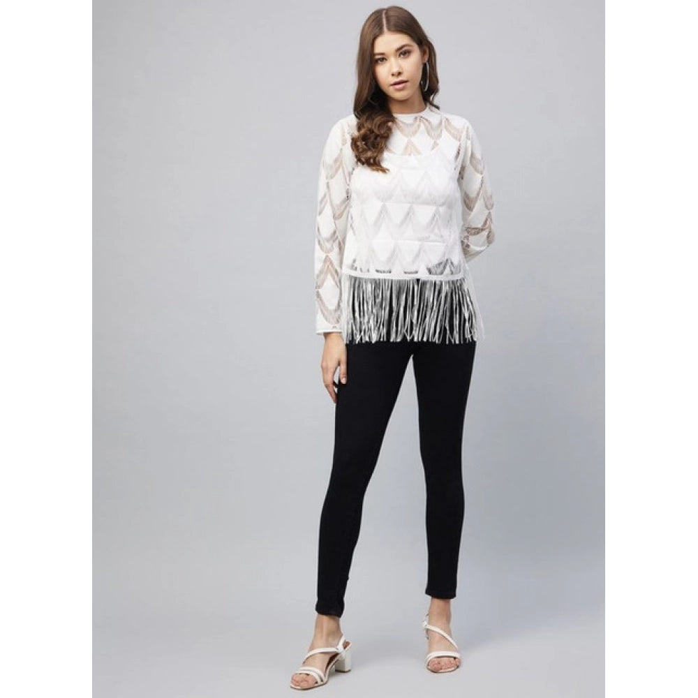 Seduva Women's Lace Self Design Short Sleeve Top (White)