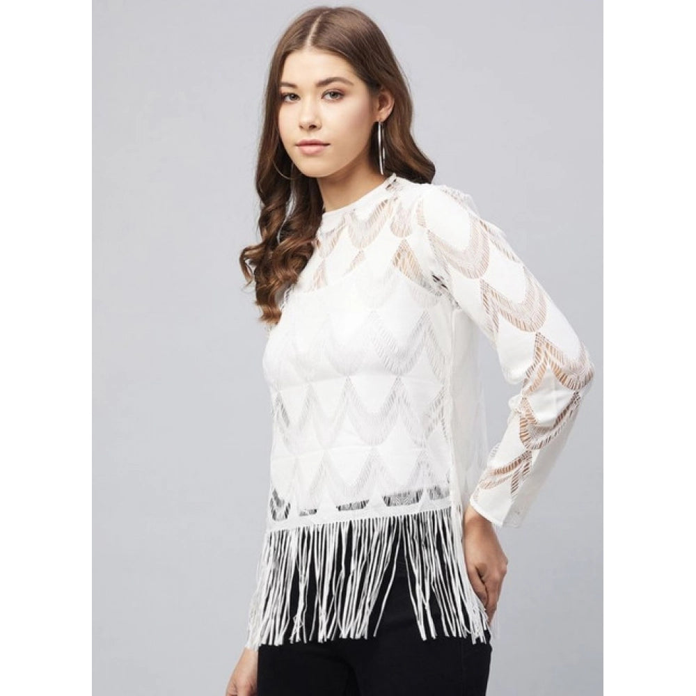 Seduva Women's Lace Self Design Short Sleeve Top (White)