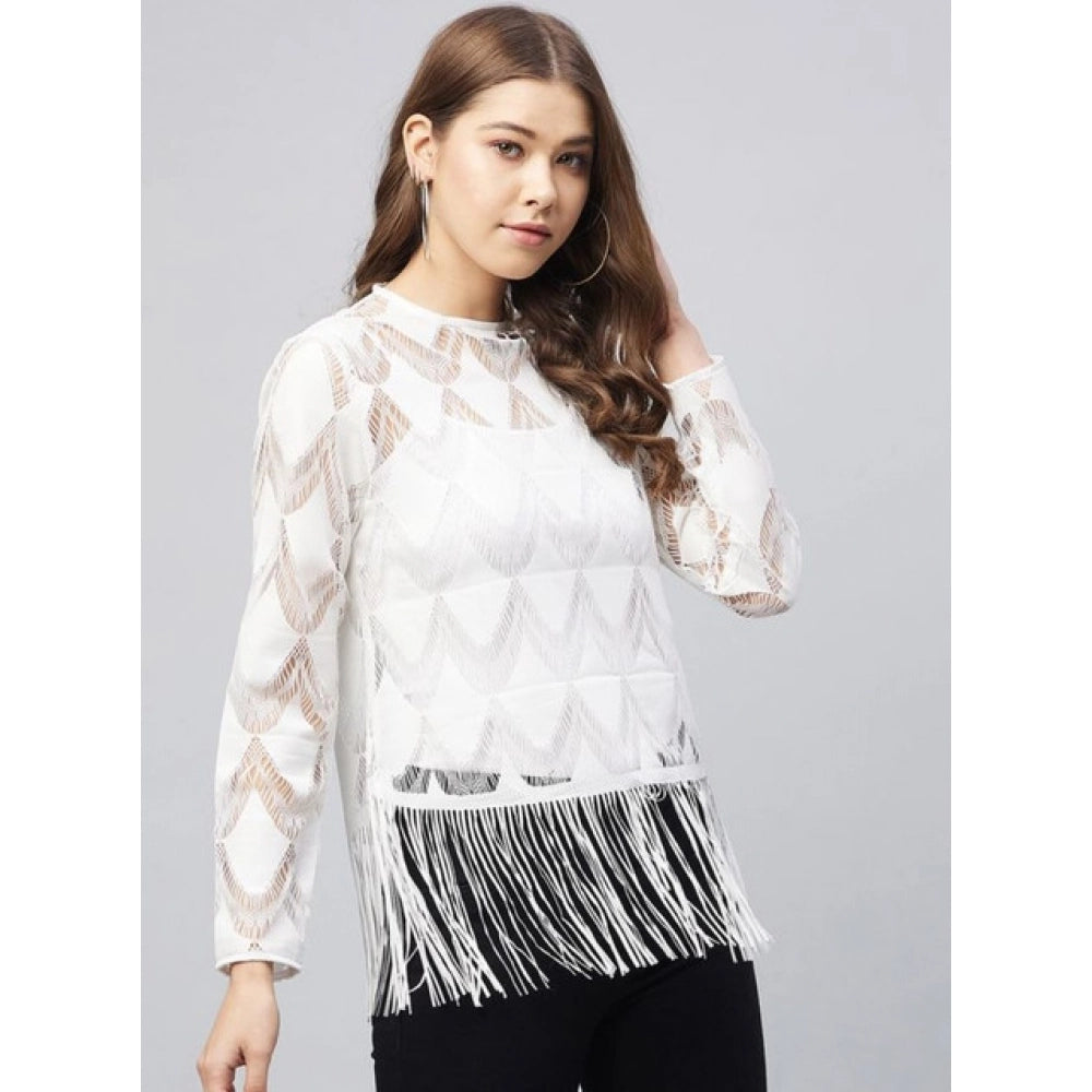 Seduva Women's Lace Self Design Short Sleeve Top (White)