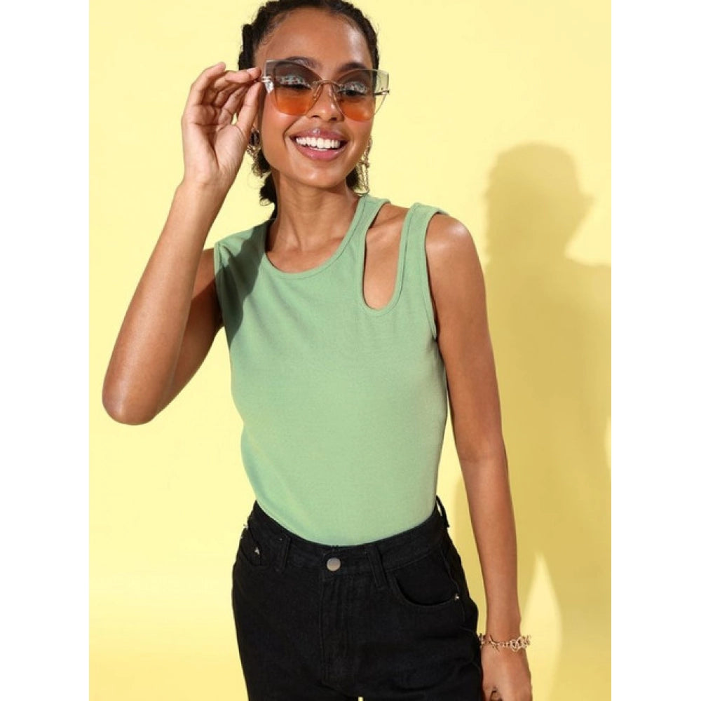 Seduva Women's Polyester Lycra Solid Sleeveless Top (Green)