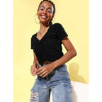 Seduva Women's Polyester Lycra Solid Short Sleeve Top (Black)