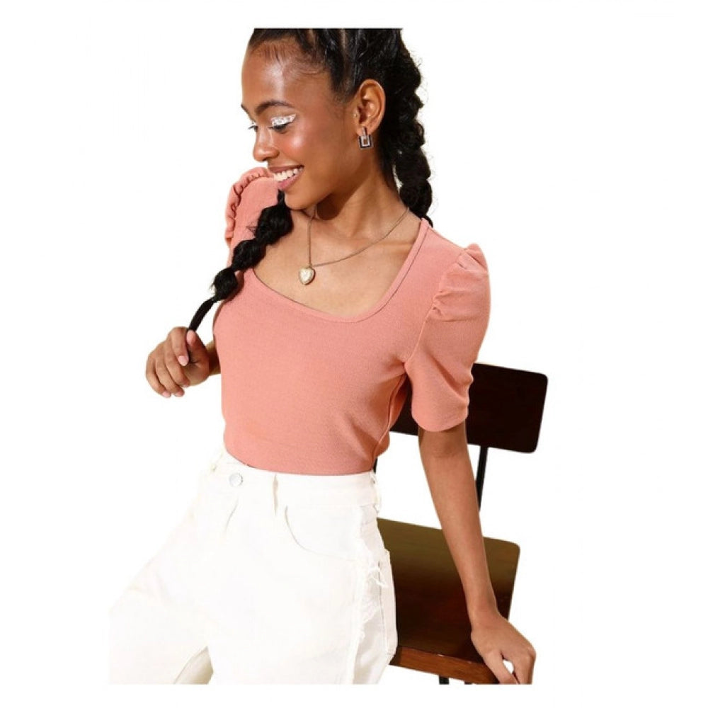 Seduva Women's Polyester Lycra Solid Short Sleeve Top (Pink)