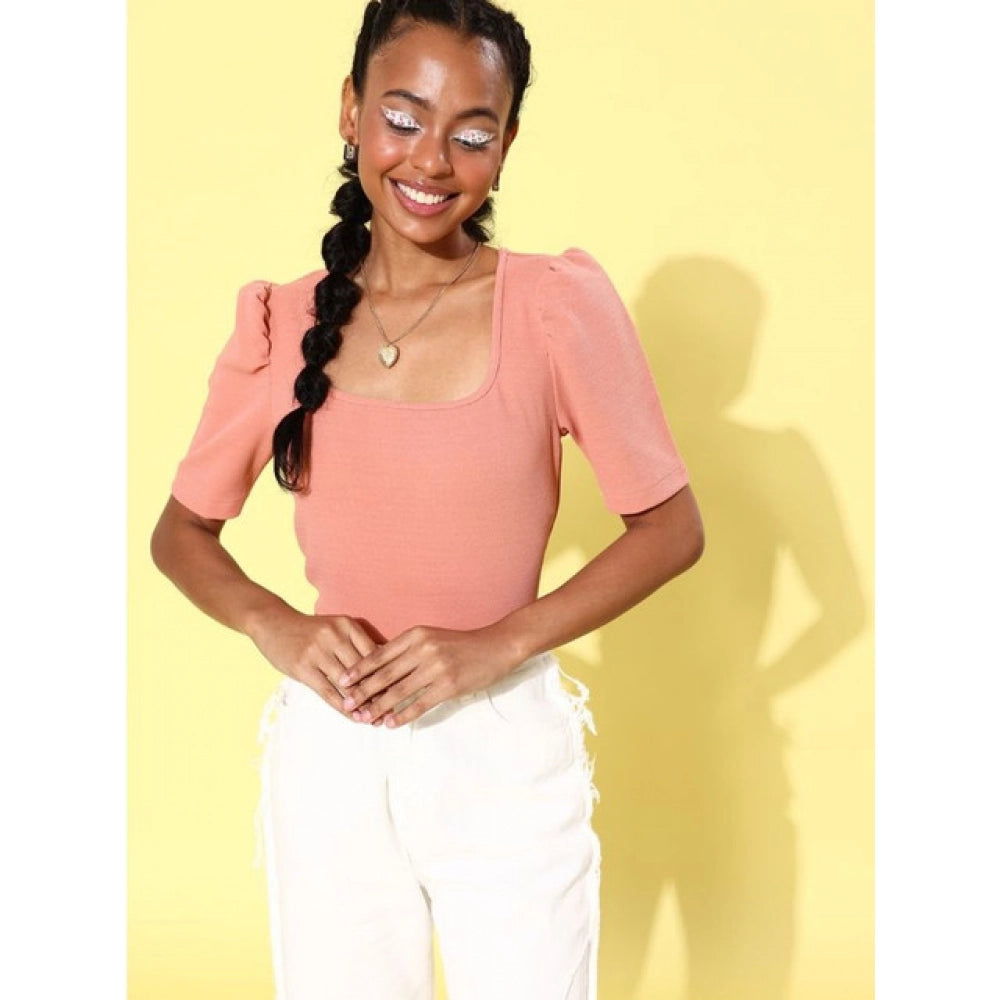 Seduva Women's Polyester Lycra Solid Short Sleeve Top (Pink)