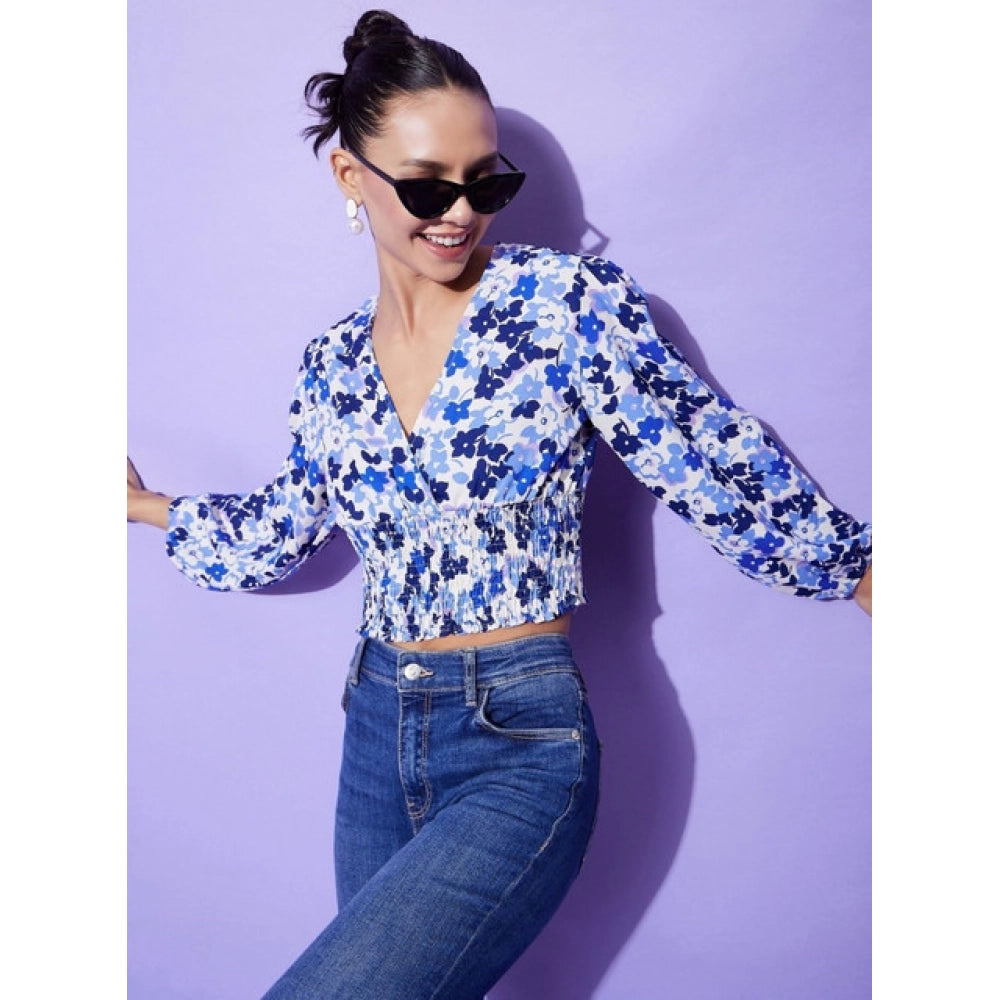 Seduva Women's Polyester Floral Long Sleeves Top (Blue)