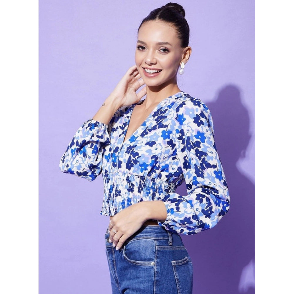 Seduva Women's Polyester Floral Long Sleeves Top (Blue)