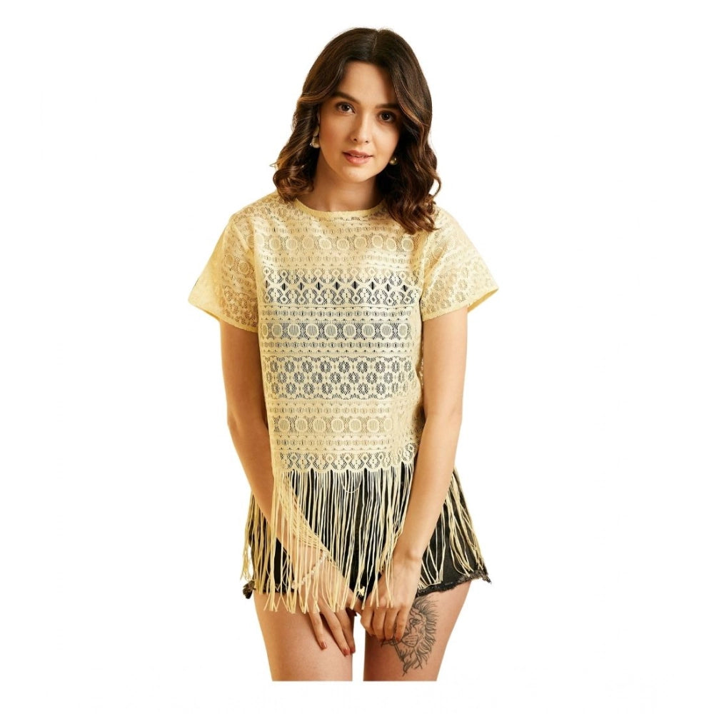 Seduva Women's Polyester Lace Self Design Short Sleeve Top (Yellow)