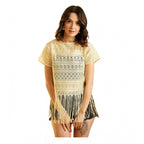 Seduva Women's Polyester Lace Self Design Short Sleeve Top (Yellow)