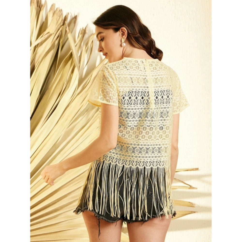 Seduva Women's Polyester Lace Self Design Short Sleeve Top (Yellow)