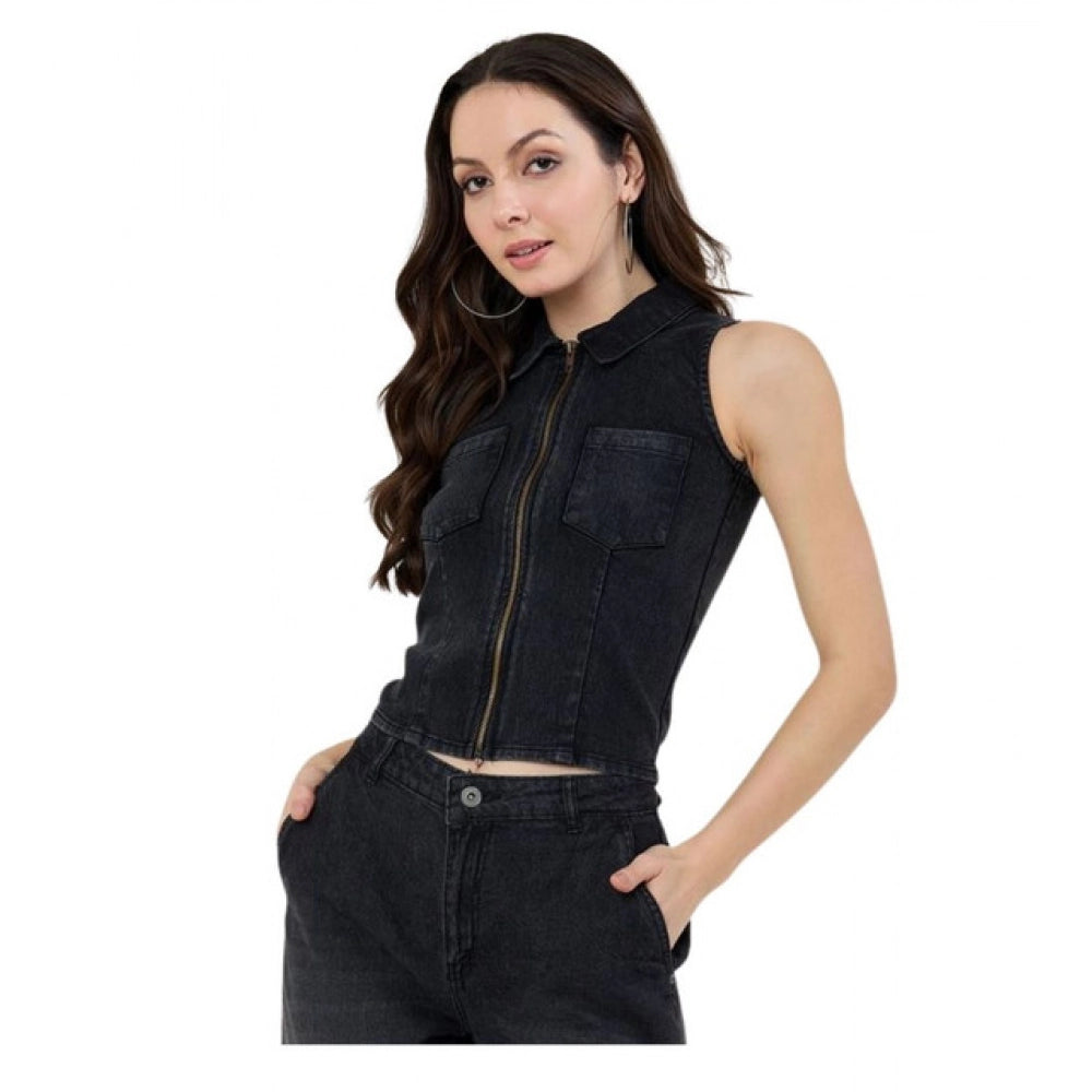Seduva Women's Denim Lycra Solid Sleeveless Top (Black)