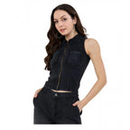 Seduva Women's Denim Lycra Solid Sleeveless Top (Black)